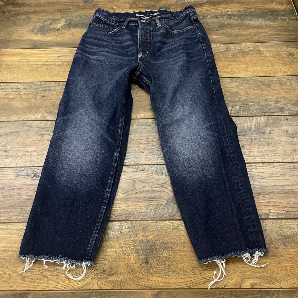Old Navy Sky-Hi Straight Extra High Rise Raw Hem Jeans Dark Wash Indigo 8